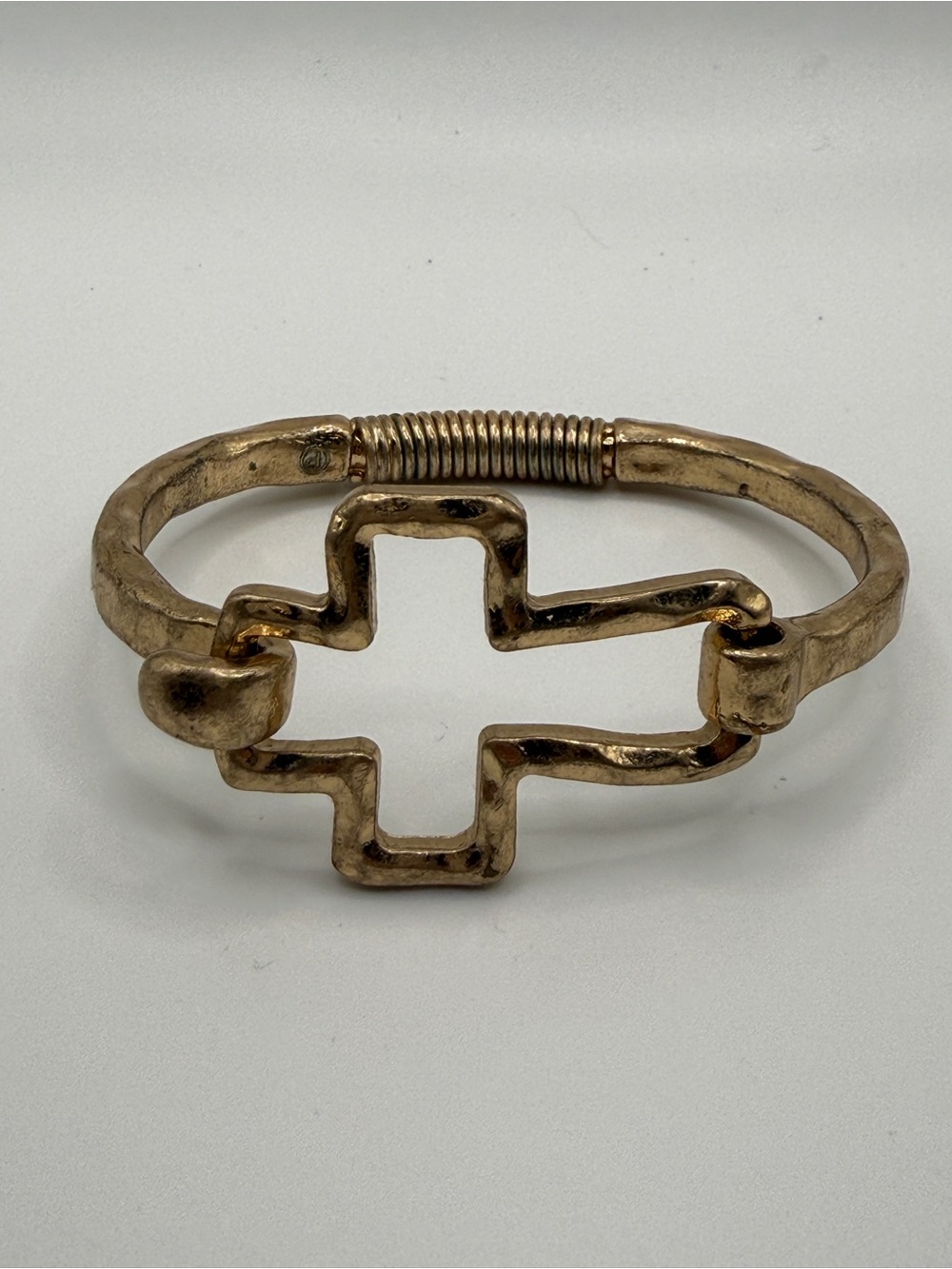 Gold-Tone Hammered Sideways Cross Motif Bangle Bracelet for Women